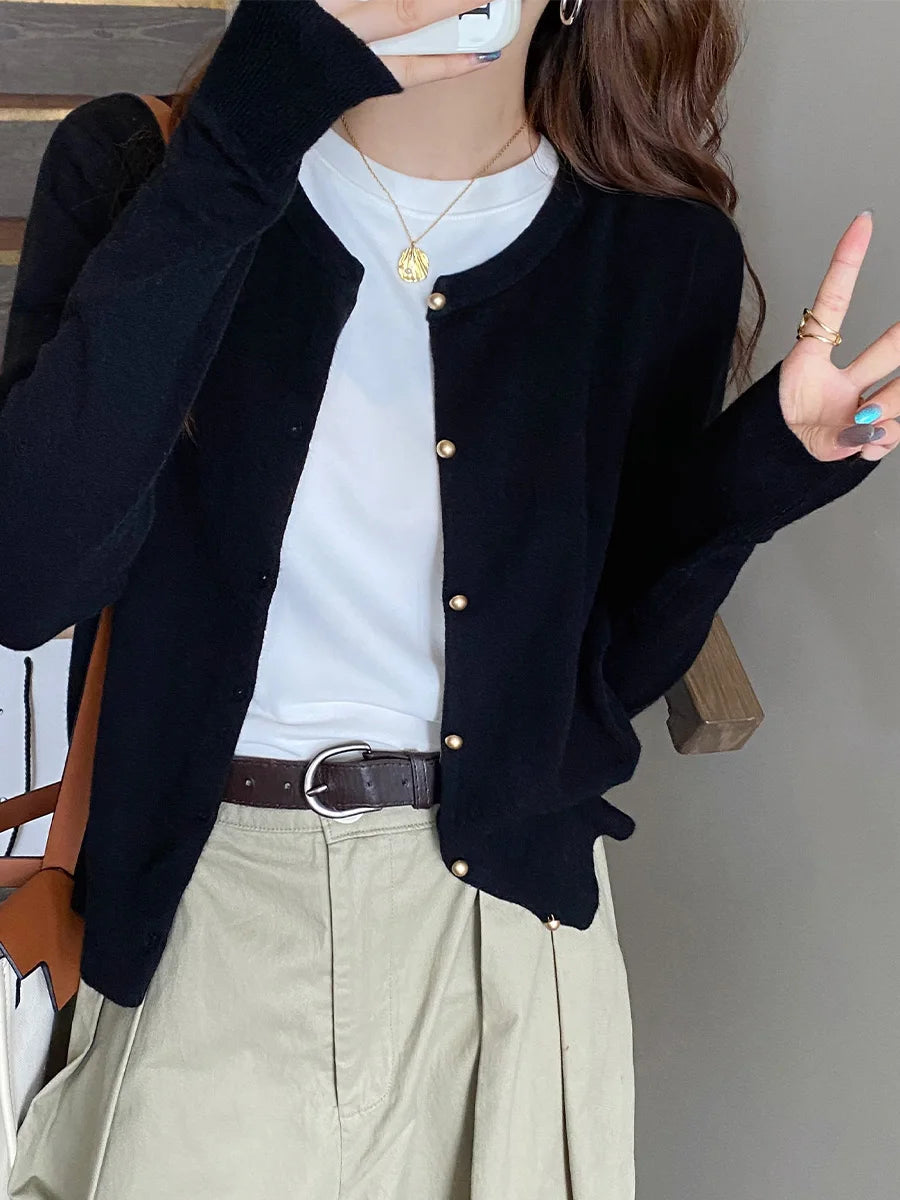 קרדיגן סרוג קוריאני לנשים עם כפתור יחיד ושרוול ארוך